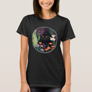 Camiseta Gato negro lindo escondido en estética de flores d