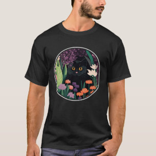Camiseta Gato negro lindo escondido en estética de flores d
