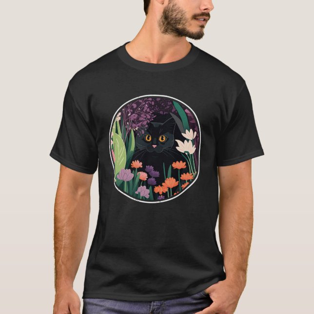 Camiseta Gato negro lindo escondido en estética de flores d (Anverso)