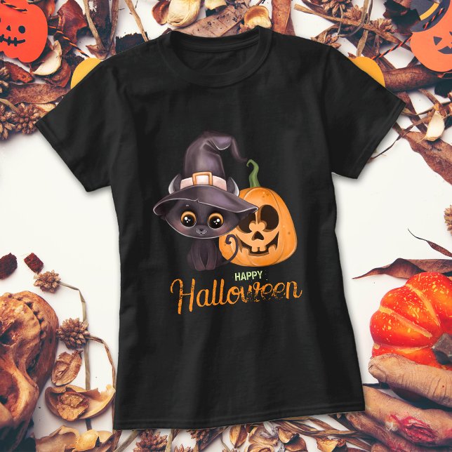 Camiseta Gato negro lindo Feliz calabaza tallada en Hallowe (Subido por el creador)