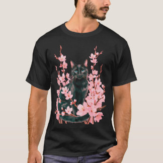 Camiseta Gato negro lindo flor de cerezo japonesa sakura ga