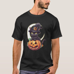 Camiseta Gato negro lindo Jack O'Lantern Calabaza Luna Hall