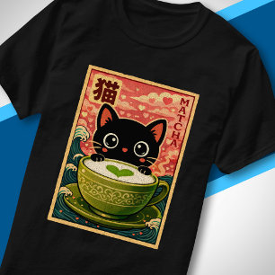 Camiseta Gato negro lindo japonés kawaii bebiendo té matcha