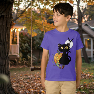 Camiseta Gato negro lindo púrpura espeluznante calabaza de