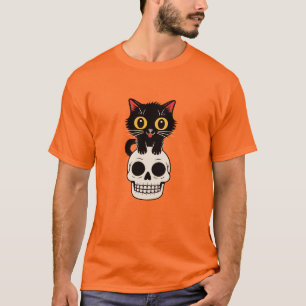 Camiseta Gato negro lindo sentado en calavera Halloween