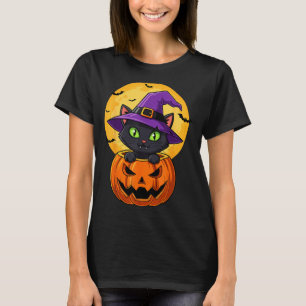Camiseta Gato Negro Lindo Sombrero de Bruja En Calabaza Muj