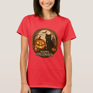 Camiseta Gato negro lindo y calabaza | Arte feliz de Hallow