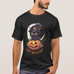 Camiseta Gato negro lindo y calabaza feliz Meowlloween Cres