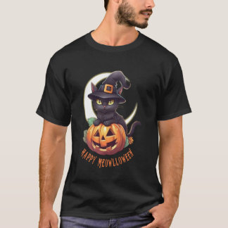 Camiseta Gato negro lindo y calabaza feliz Meowlloween Cres