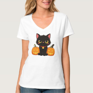 Camiseta Gato negro lindo y calabazas de Halloween