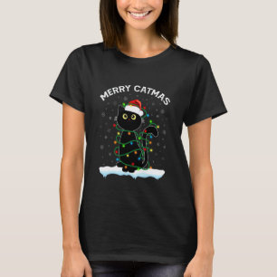 Camiseta Gato negro Luces de Navidad gato con sombrero de S
