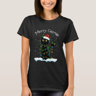Camiseta Gato Negro Luz de Navidad Gato Feliz Catmas con Ro