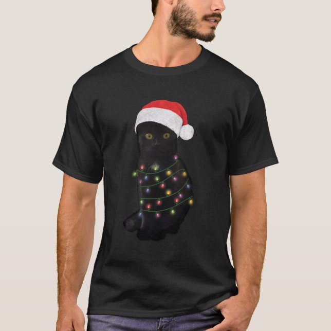 Camiseta Gato Negro Luz Graciosa Gato Amante Para Navidades (Anverso)