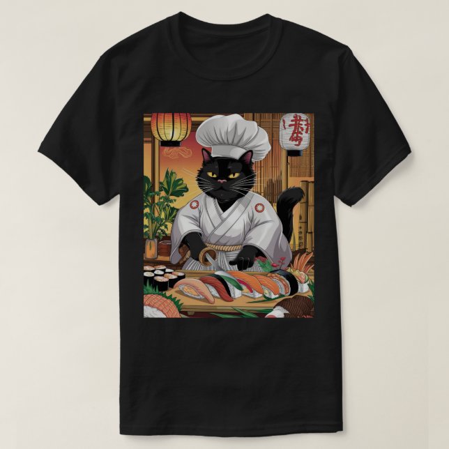 Camiseta Gato negro maestro de sushi (Diseño del anverso)