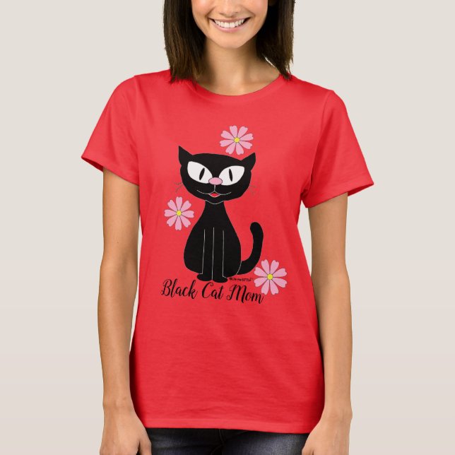 Camiseta Gato negro mamá con flores rosadas de Bonito amant (Anverso)