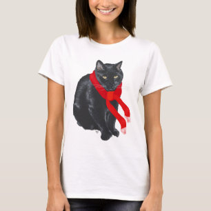 Camiseta Gato Negro Manteniéndose Caliente en Navidad