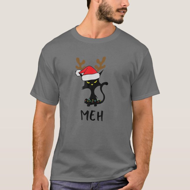 Camiseta Gato negro Meh, gatos graciosos adoran a Navidades (Anverso)