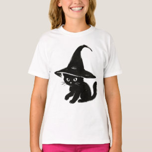 Camiseta Gato negro minimalista con diseño de sombrero de b