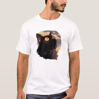 Camiseta Gato negro mirando con una noche mística