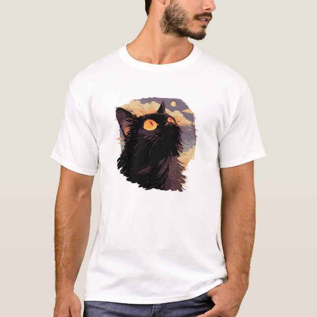 Camiseta Gato negro mirando con una noche mística (Anverso)