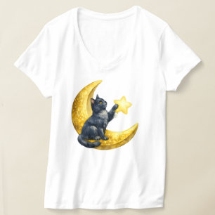 Camiseta Gato negro místico acuarela en creciente dorado
