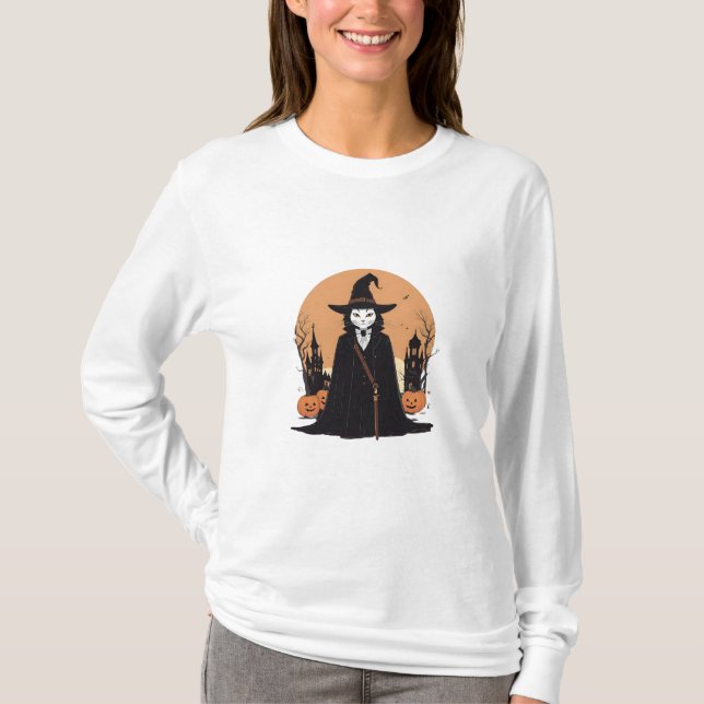 Camiseta Gato negro místico salem con calabazas (Anverso)
