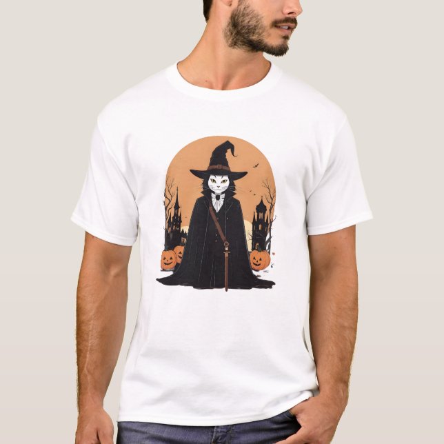 Camiseta Gato negro místico salem con calabazas (Anverso)
