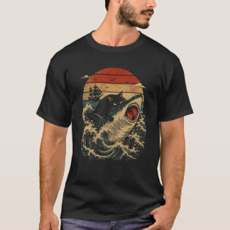 Camiseta Gato Negro Montando Tiburón Fiero