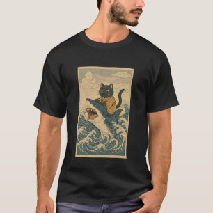 Camiseta Gato Negro Montando Tiburón Maneki NekoJapenés