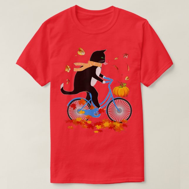 Camiseta Gato negro montando un otoño en bicicleta (Diseño del anverso)