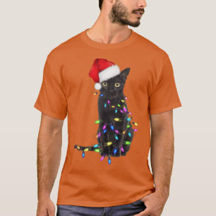 Camiseta Gato negro Navidades de Santa Hat ilumina el diver
