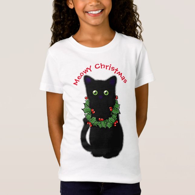 Camiseta Gato negro | Navidades Meowy | Holly garland (Anverso)