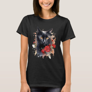 Camiseta Gato Negro Ojos Amarillos Floral Rosas Rojas Flore