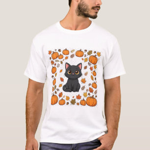 Camiseta Gato Negro Parche de Calabaza Arte Kawaii de Hallo