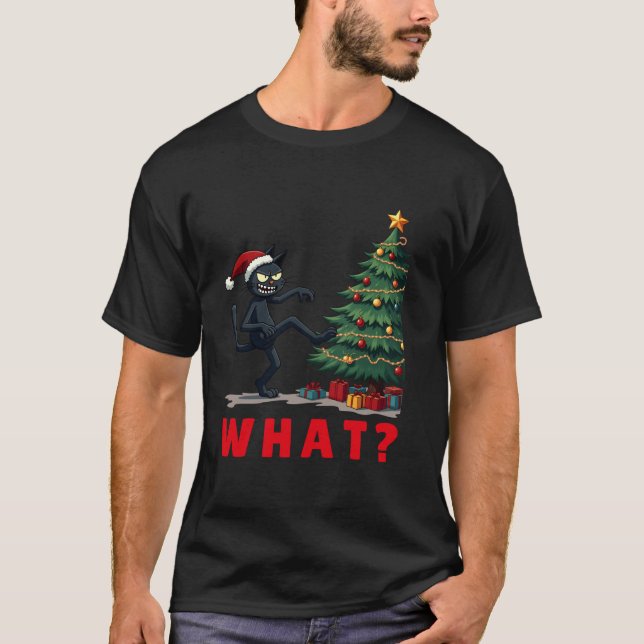 Camiseta Gato negro pateando el árbol de Navidad tee Funny  (Anverso)