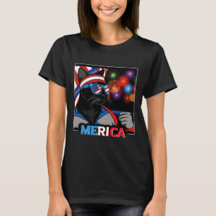 Camiseta Gato negro patriótico de fuegos artificiales