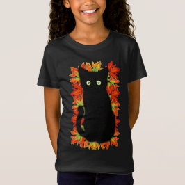 Camiseta Gato negro, patrón de hojas de otoño, diversión de