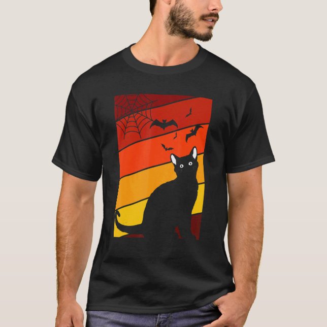 Camiseta Gato negro perezoso disfraz de Halloween retro gat (Anverso)