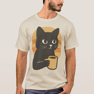 Camiseta gato negro personalizado sosteniendo una taza de c