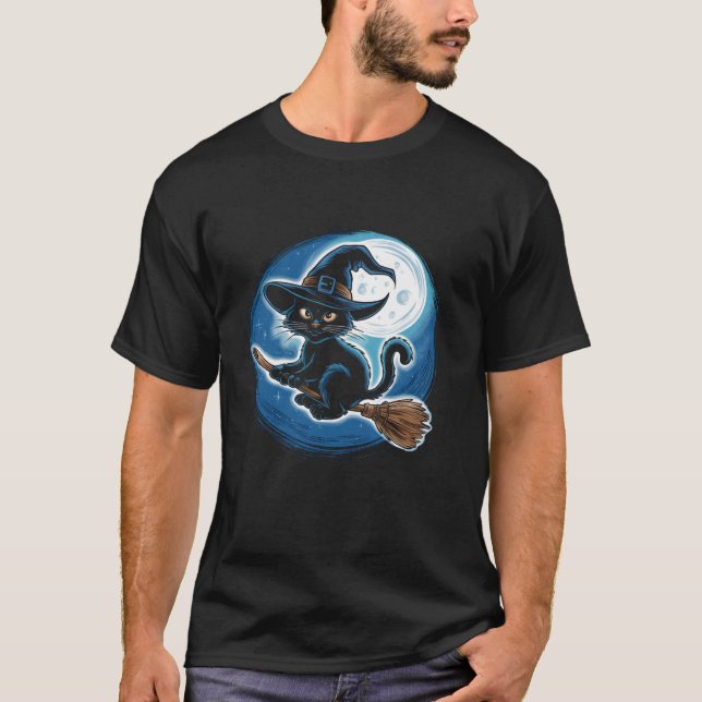 Camiseta Gato negro picante en un bastón con luna llena Ha (Anverso)