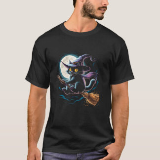 Camiseta Gato negro picante en un bastón con luna llena Ha