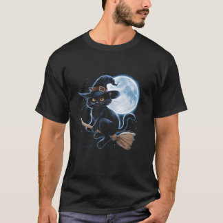 Camiseta Gato negro picante en un bastón con luna llena Ha