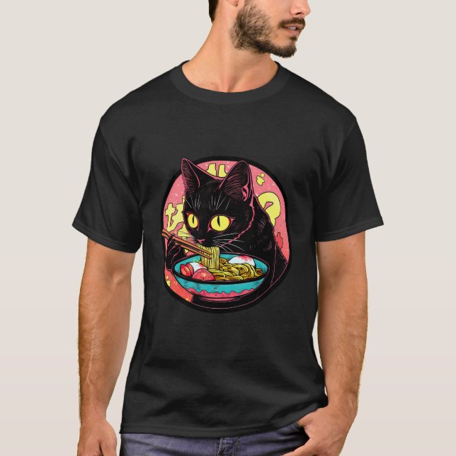 Camiseta Gato negro Ramen Mascota divertida comida japonesa (Anverso)