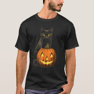 Camiseta Gato Negro Retro Calabaza Tallada Tema Otoño Mujer