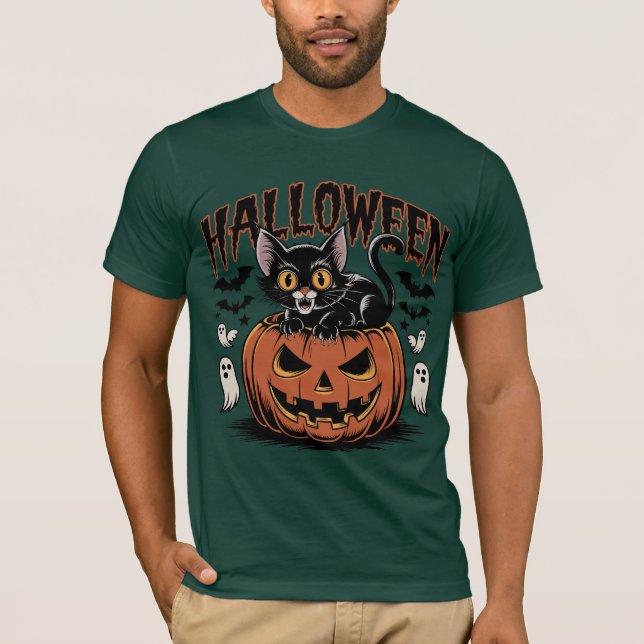 Camiseta Gato negro retro de Halloween con calabaza (Anverso)
