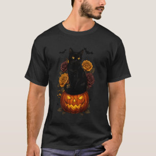 Camiseta Gato Negro Retro Floral de Calabaza de Halloween E