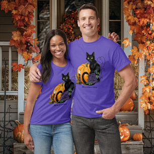 Camiseta Gato Negro Rosa Púrpura Calabaza Otoño