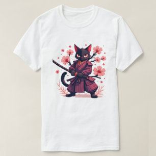 Camiseta Gato negro samurái estética japonesa flor de cerez