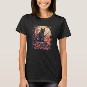 Camiseta Gato negro samurái japonés guerrero ninja flores,