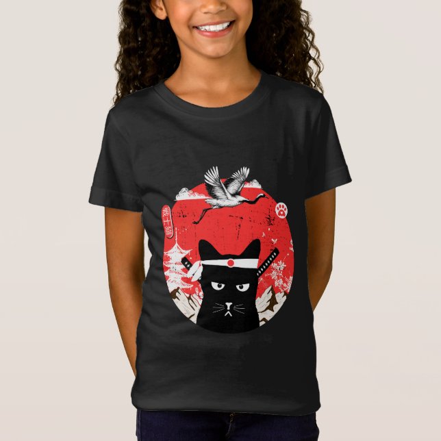 Camiseta Gato negro samurai japonés vintage (Anverso)